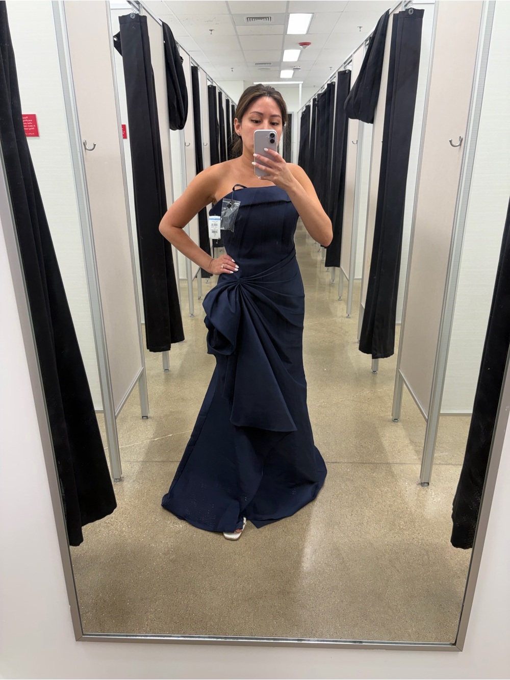 Satin Draped Navy Blue Evening Gown - Picture 6 of 12